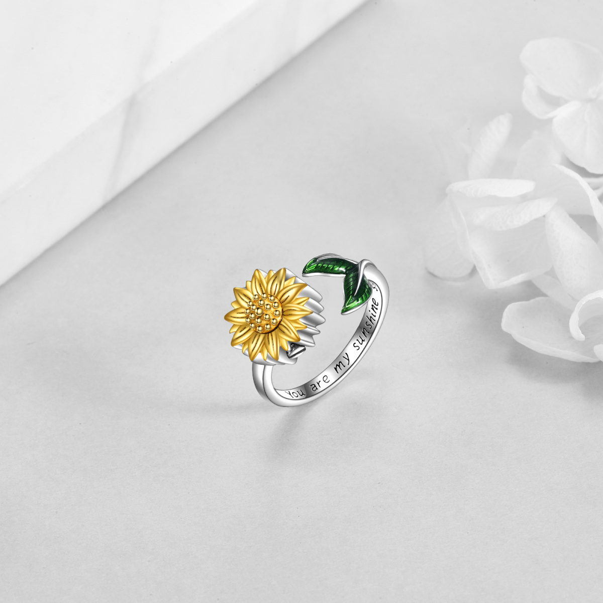 Bague urne tournesol bicolore en argent sterling avec mot gravé, anneau ouvert pour femme-3