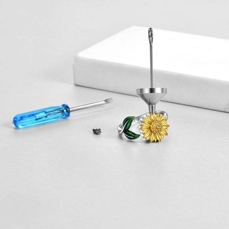 Anel de urna de girassol de dois tons em prata esterlina com anel aberto com palavra gravada para mulheres-4