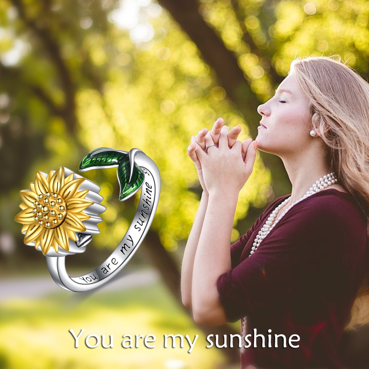 Sterling Silver Two-Tone Sunflower Urn Ring With Engraved Word Open Ring For Women-5