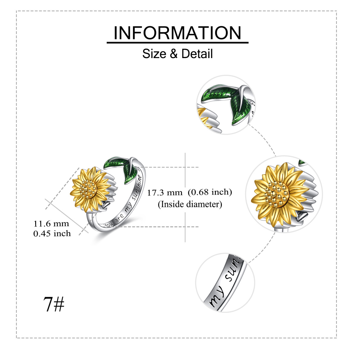 Bague urne tournesol bicolore en argent sterling avec mot gravé, anneau ouvert pour femme-6