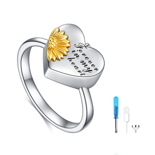 Anillo de urna con girasol en dos tonos de plata de ley