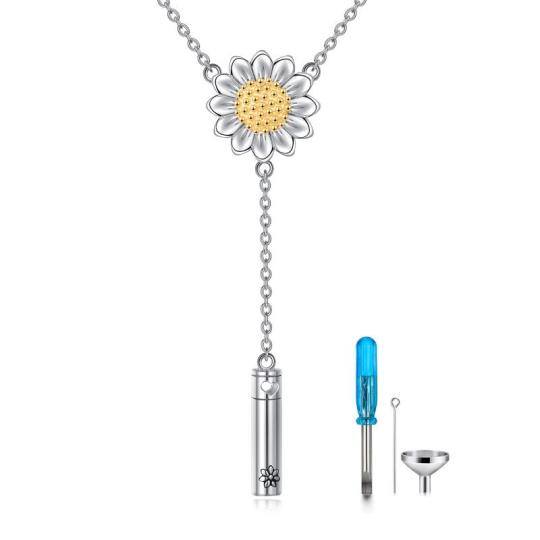 Sterling Silver Two-tone Sunflower & Vertical Bar Urn Necklace for Ashes