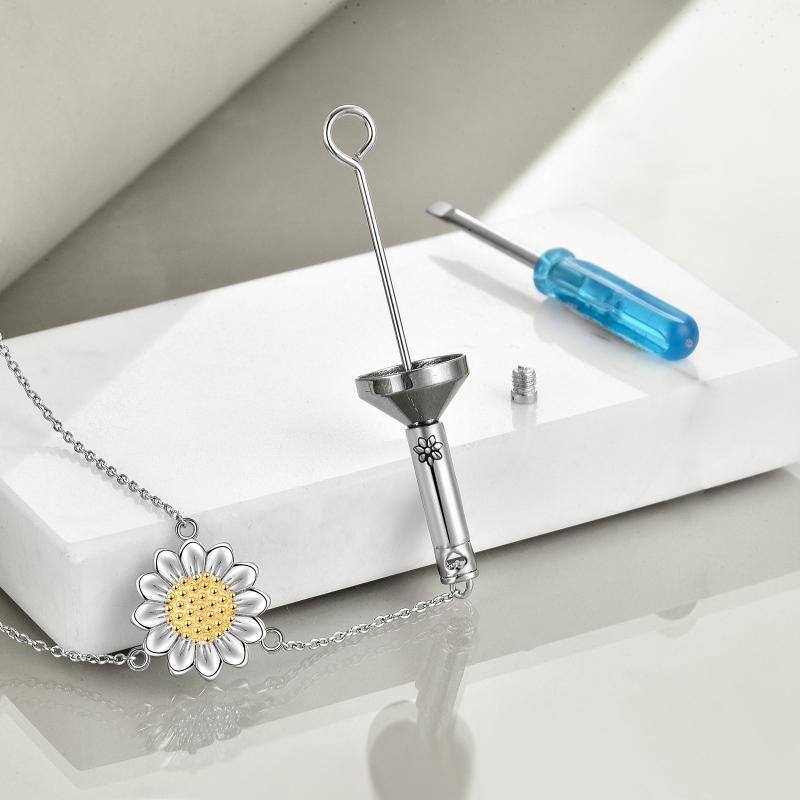 Sterling Silver Two-tone Sunflower & Vertical Bar Urn Necklace for Ashes-2