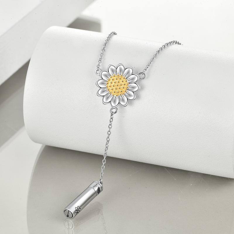 Sterling Silver Two-tone Sunflower & Vertical Bar Urn Necklace for Ashes-3