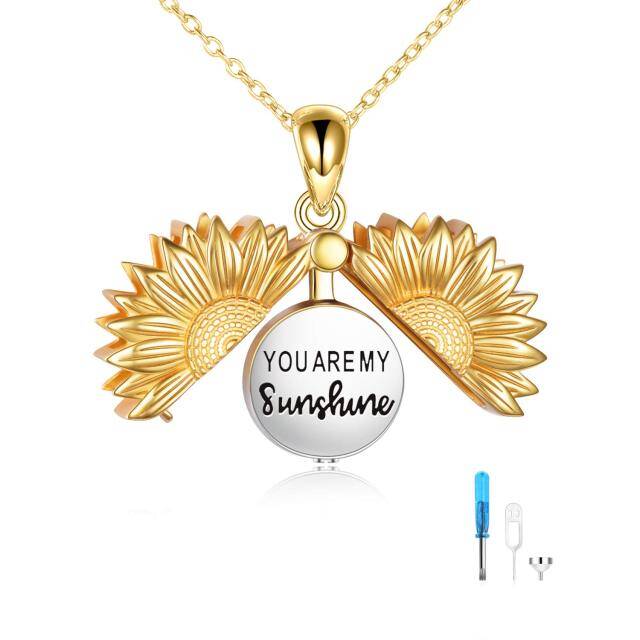 Collier urne funéraire en argent sterling bicolore avec tournesol « You Are My Sunshine » pour cendres-1