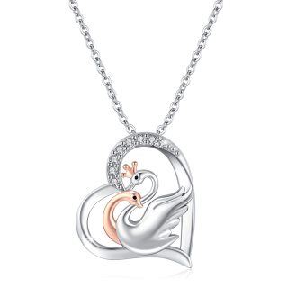 Sterling Silver Two-tone Cubic Zirconia Swan Pendant Necklace-3