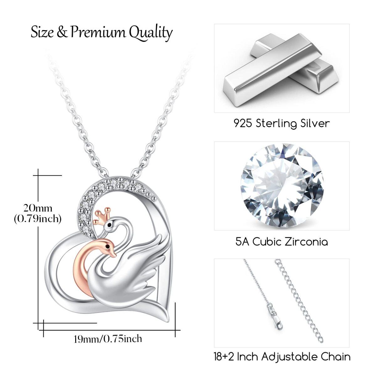 Sterling Silber zweifarbig Cubic Zirkonia Schwan Anhänger Halskette-4