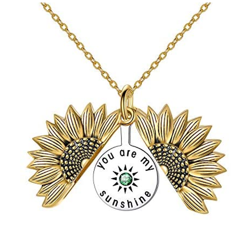 Sterling Silver Two-tone Teal Cubic Zirconia Sunflower Engraved Necklace for Women-4