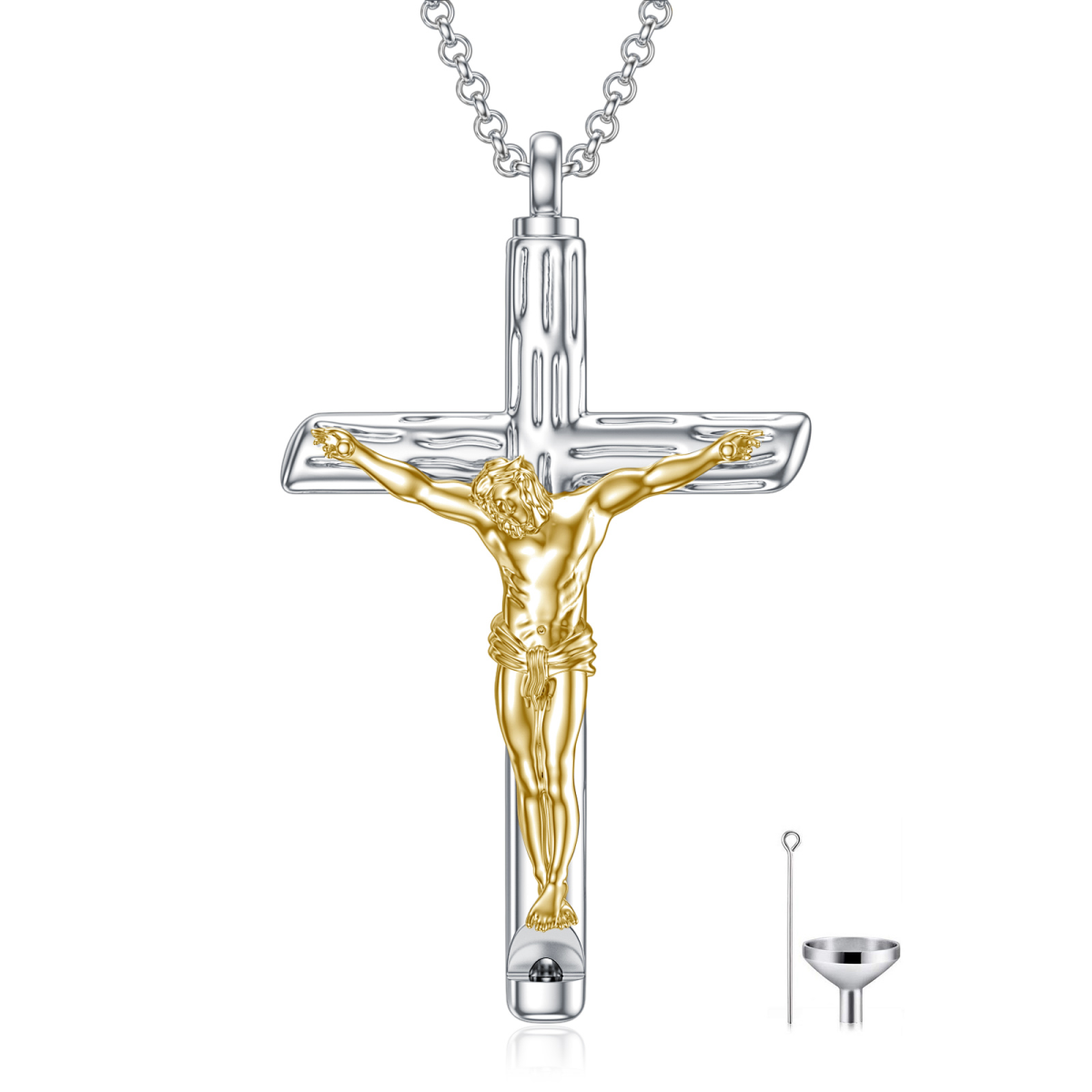 Collar de plata de ley con textura de dos tonos Cruz Jesús urna para cenizas-1