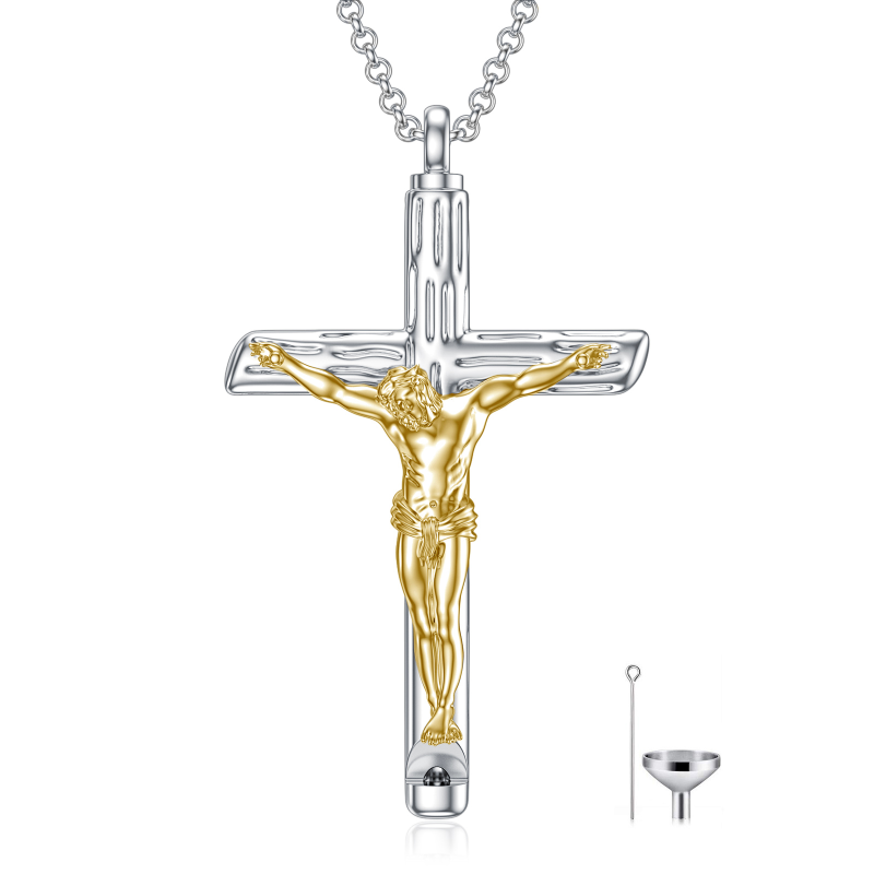 Sterling Silver Two-tone Textured Cross Jesus Urn Necklace for Ashes-1