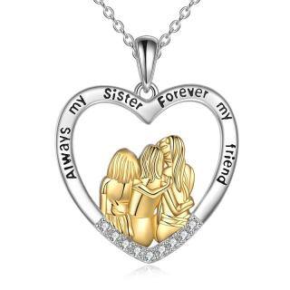 Sterling Silver Two-tone Cubic Zirconia Three Sisters & Heart Pendant Necklace-39