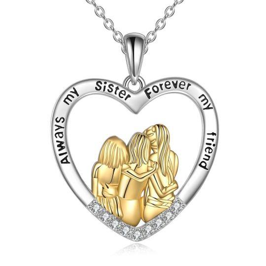 Sterling Silver Two-tone Cubic Zirconia Three Sisters & Heart Pendant Necklace