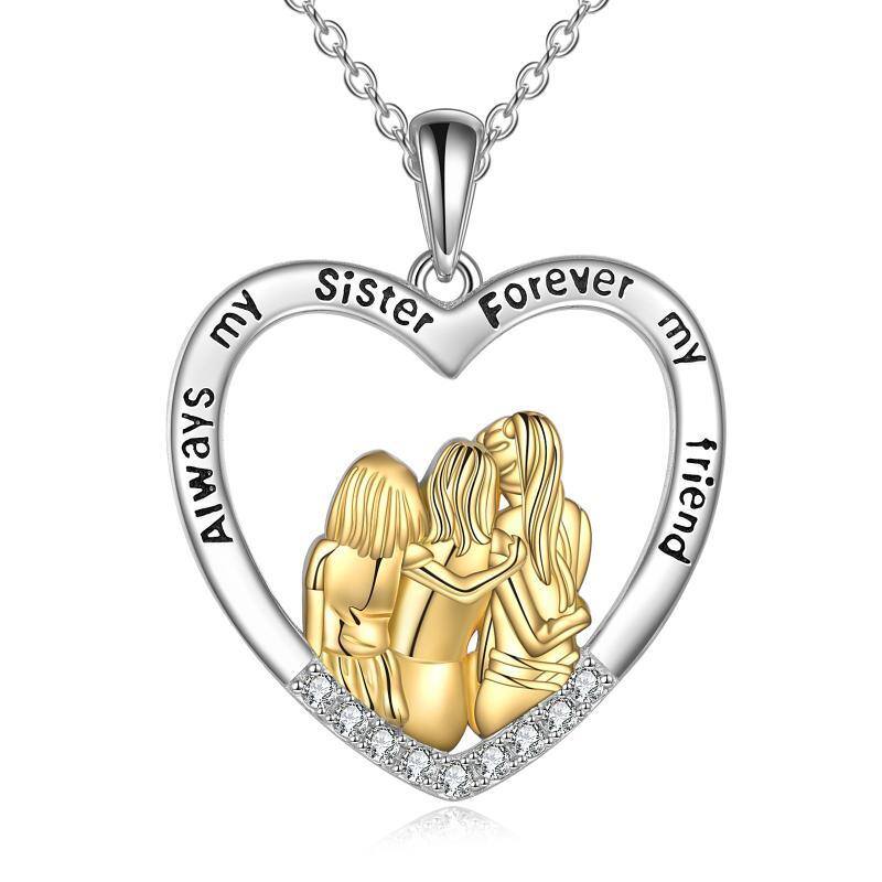 Sterling Silver Two-tone Cubic Zirconia Three Sisters & Heart Pendant Necklace-1