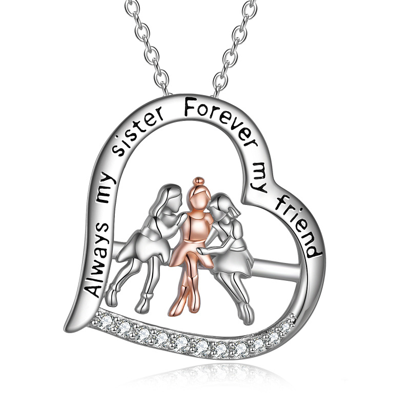 Sterling Silver Two-tone Three Sisters & Heart Pendant Necklace with Engraved Word-9