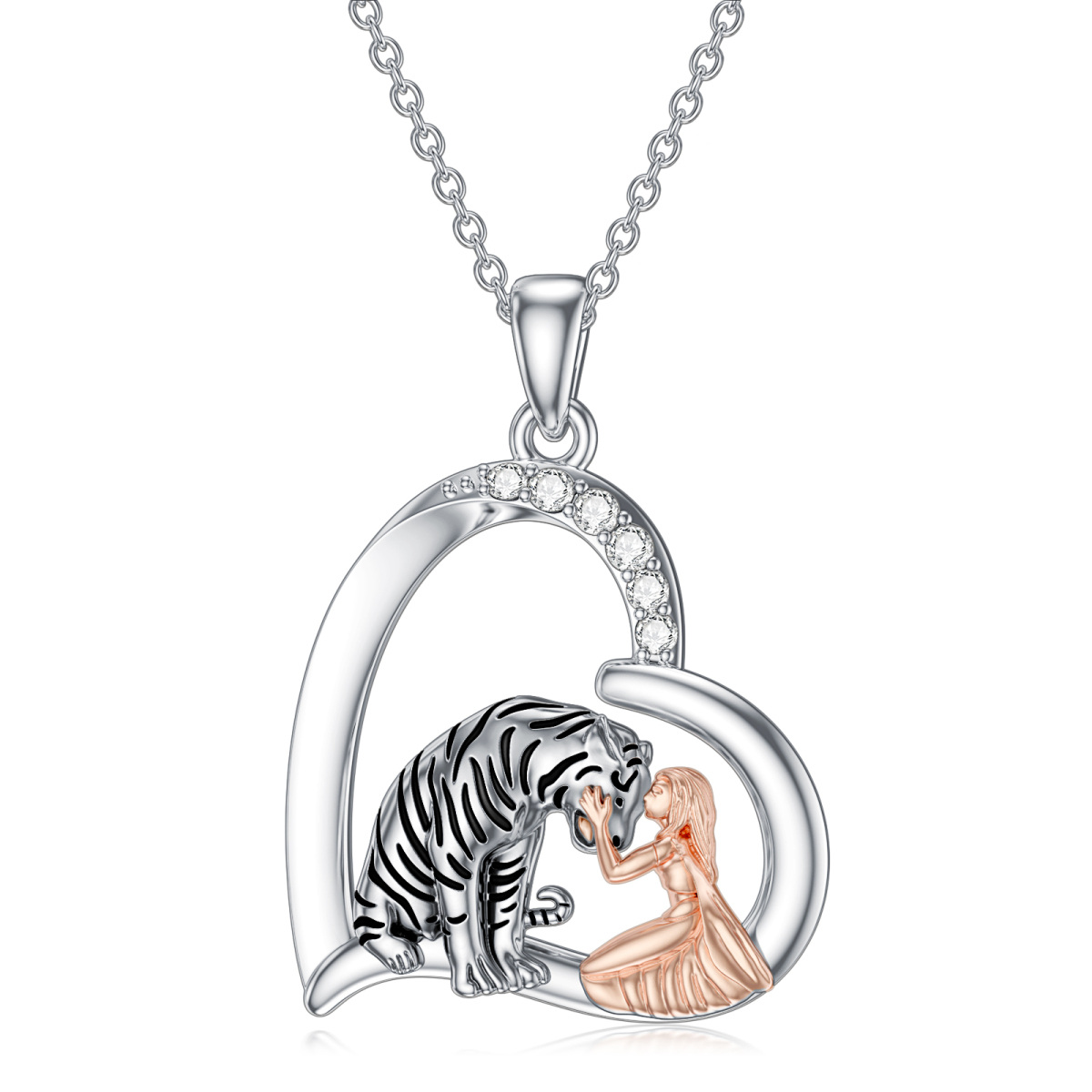 Collana con ciondolo a forma di tigre e cuore in argento sterling bicolore con zirconia cubica-1