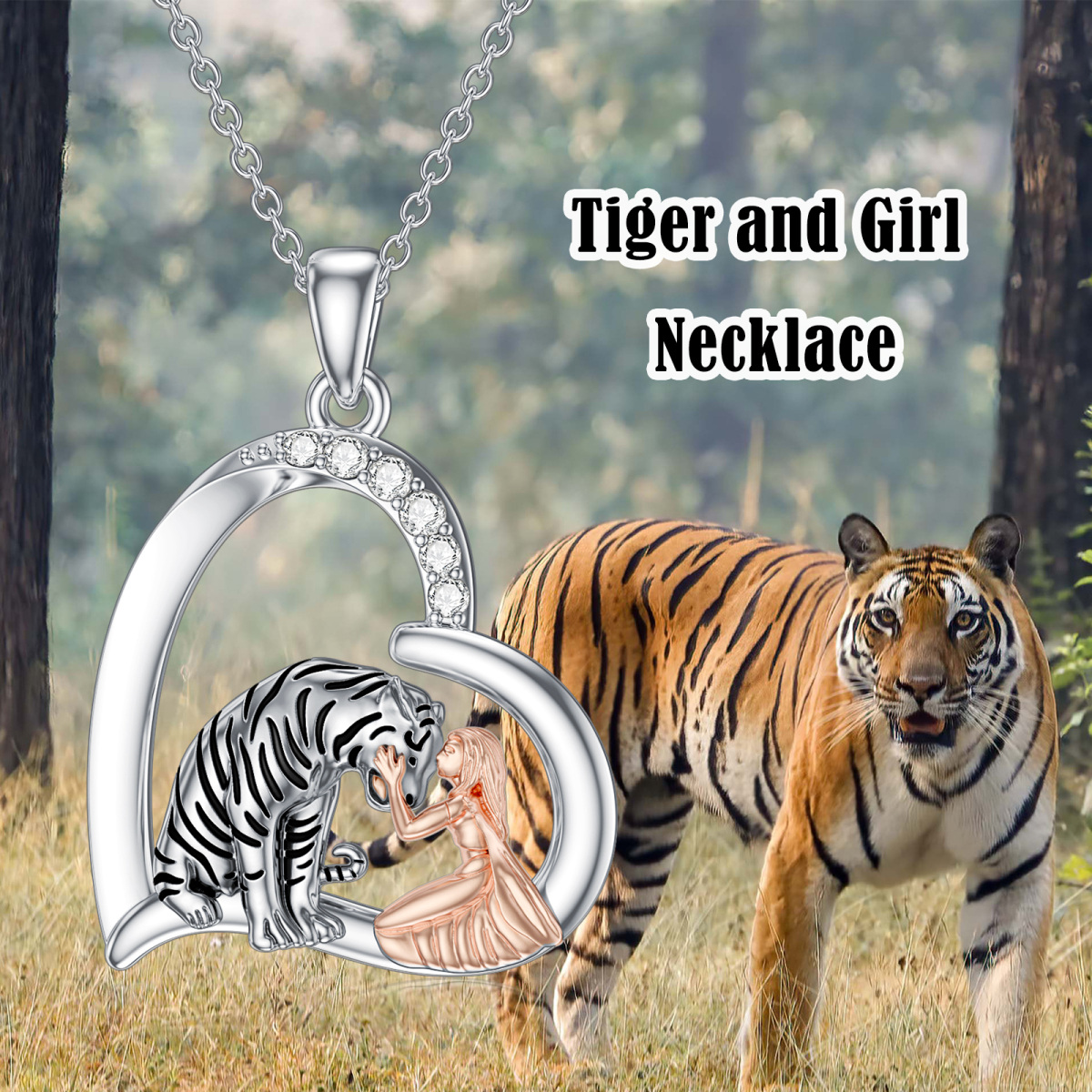 Collana con ciondolo a forma di tigre e cuore in argento sterling bicolore con zirconia cubica-5