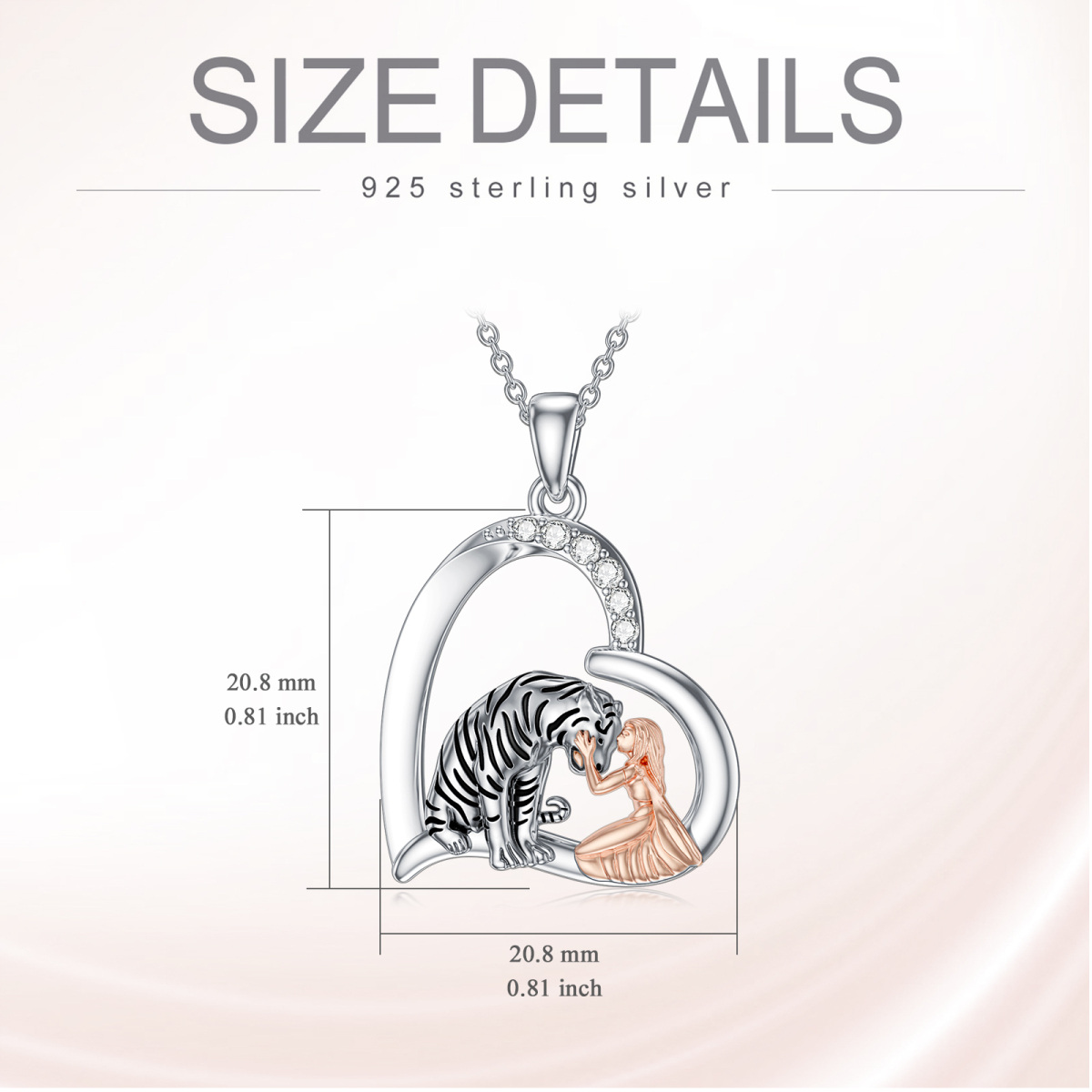 Sterling zilveren tweekleurige Cubic Zirconia tijger & hart hanger ketting-6