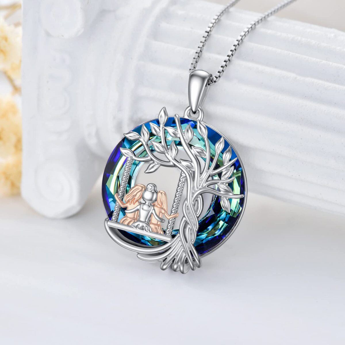 Sterling Silver Two-tone Tree Of Life Crystal Pendant Necklace-4