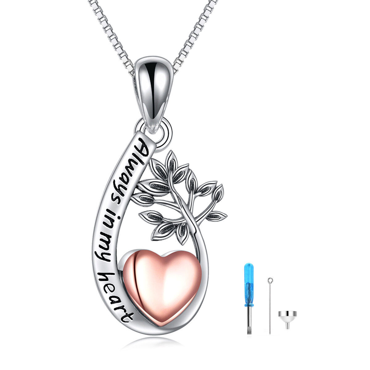 Collar de urna con símbolo de infinito y árbol de la vida de plata de ley con forma de corazón de dos tonos y circonita cúbica para cenizas para mujeres y mejores amigas-1