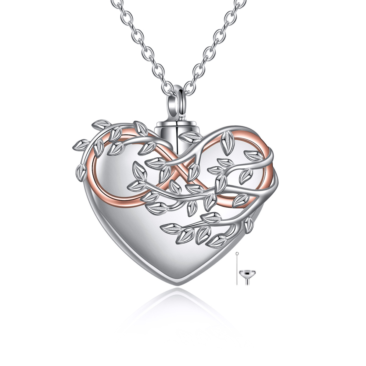 Collier d'urne bicolore en argent sterling avec arbre de vie et cœur avec symbole de l'infini pour cendres-1