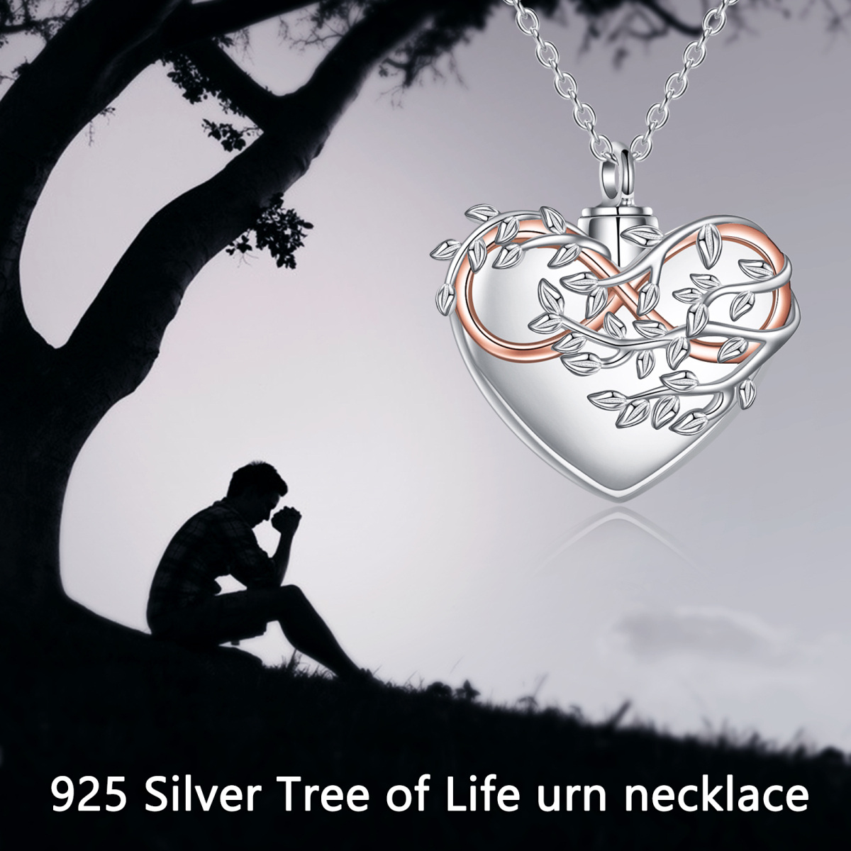 Collar de urna para cenizas con árbol de la vida y corazón en dos tonos de plata de ley con símbolo de infinito-6