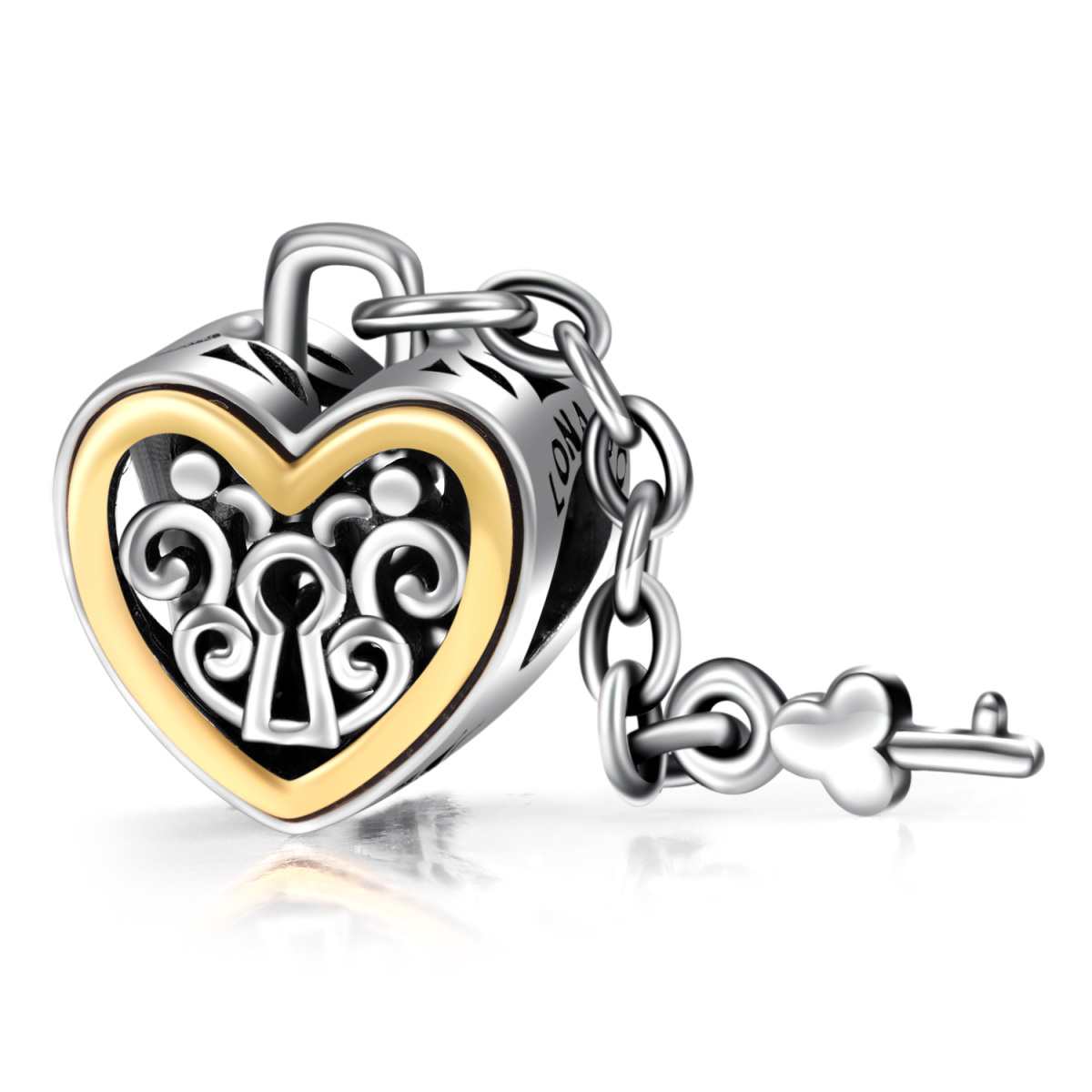 Ciondolo con perlina e serratura a forma di cuore bicolore in argento sterling con albero della vita-1