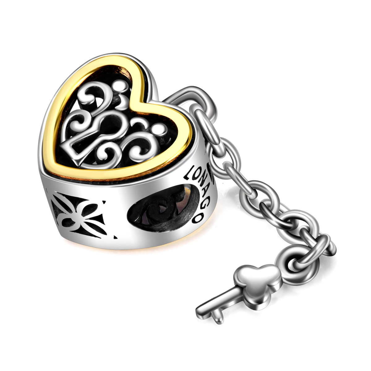 Sterling Silver Two-tone Tree Of Life & Heart & Key & Lock Bead Charm-3