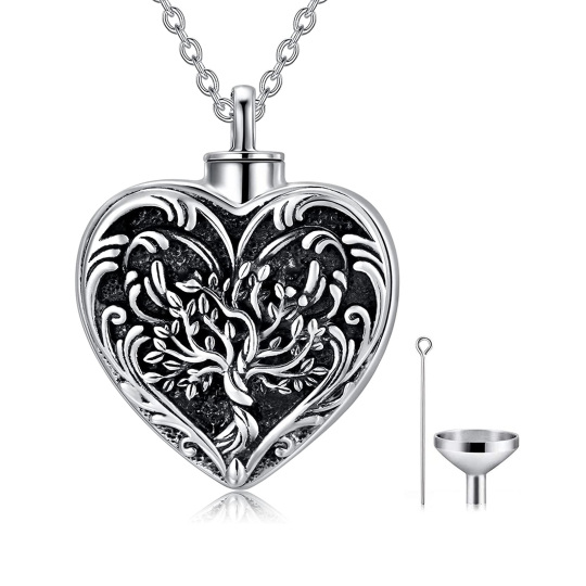 Sterling Silver Two-tone Tree Of Life & Heart Urn Necklace for Ashes with Engraved Word