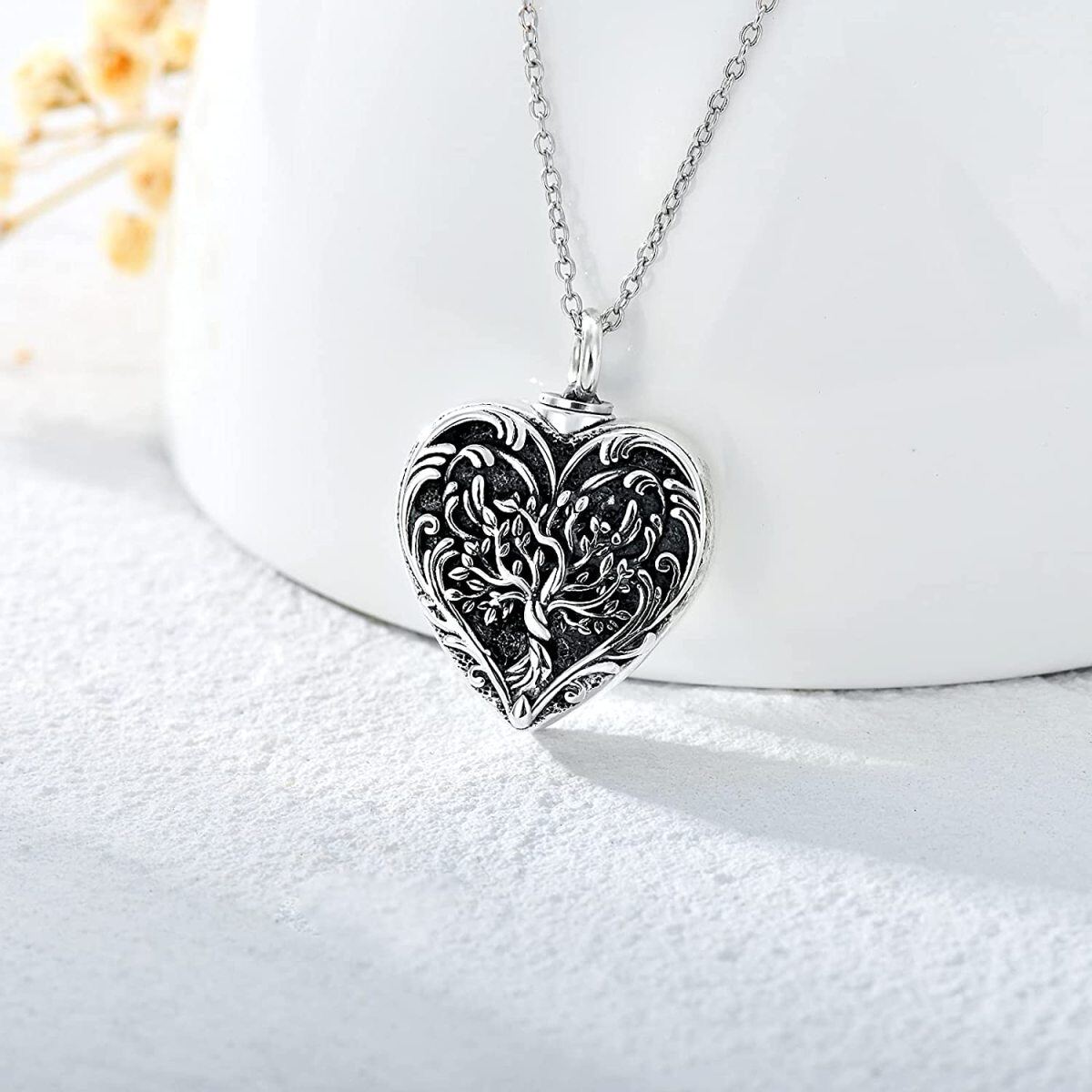 Collar de plata de ley de dos tonos Árbol de la vida y urna de corazón para cenizas con pa-3