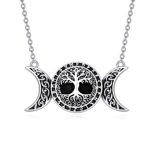 Sterling Silver Two-tone Tree Of Life & Moon Pendant Necklace