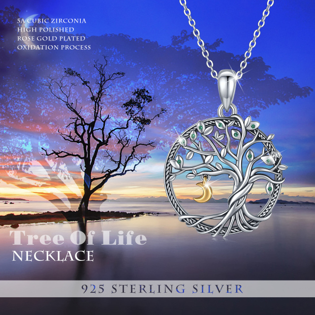 Sterling Silver Two-tone Cubic Zirconia Tree Of Life Pendant Necklace-5