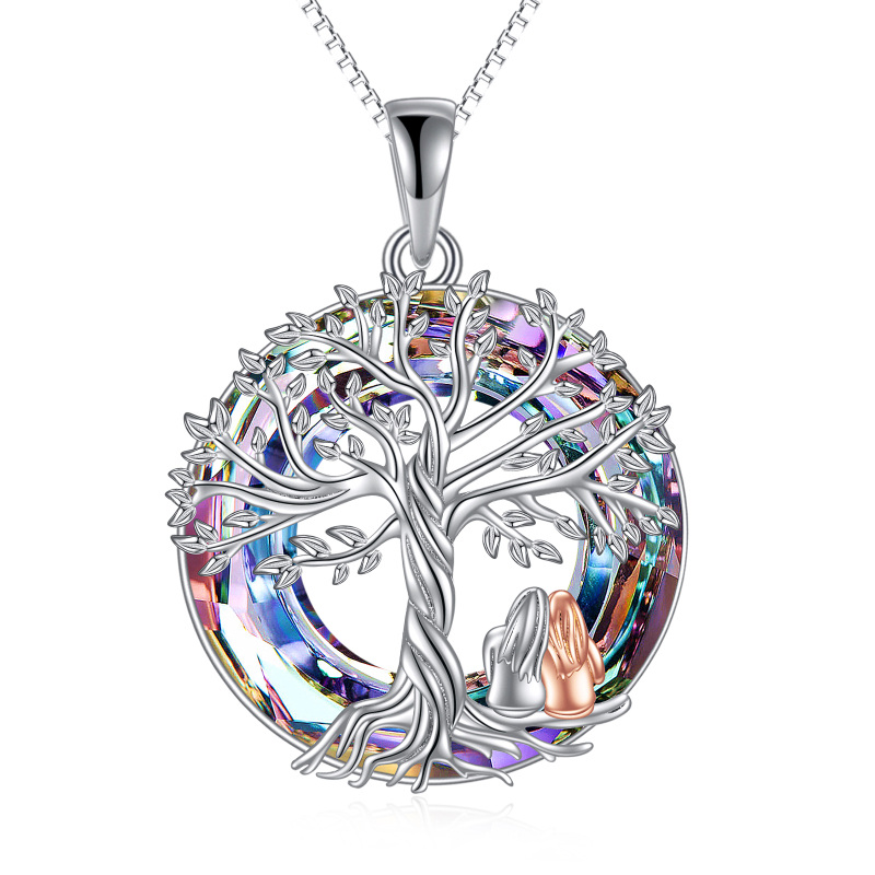 Sterling Silver Two-tone Tree Of Life & Sisters Crystal Pendant Necklace-18