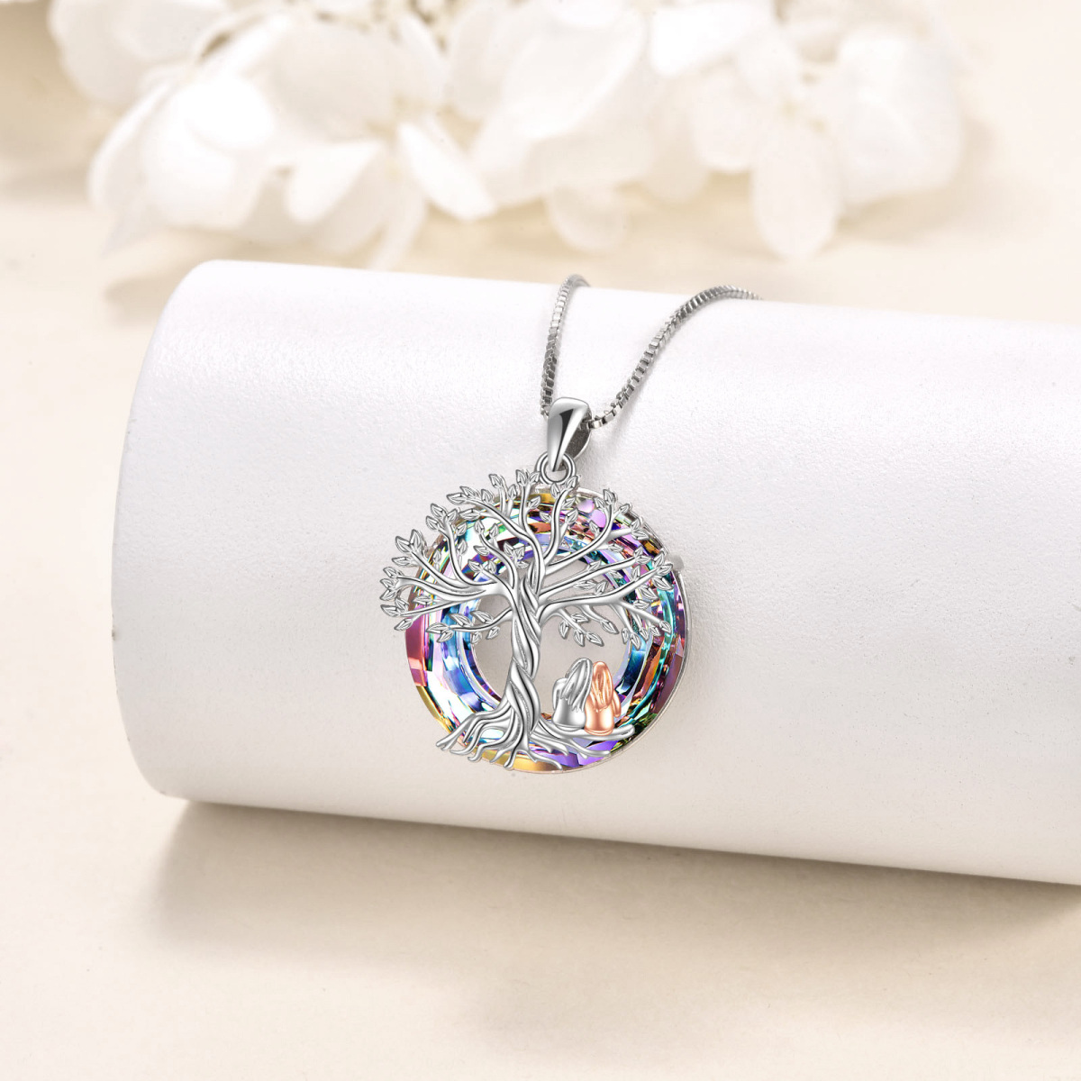 Sterling Silver Two-tone Tree Of Life & Sisters Crystal Pendant Necklace-3