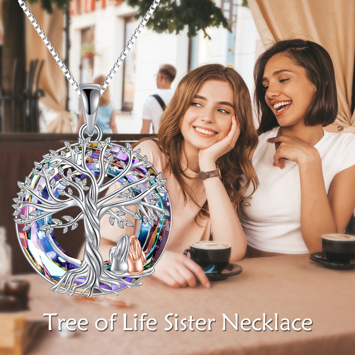 Sterling Silver Two-tone Tree Of Life & Sisters Crystal Pendant Necklace-6