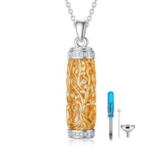 Sterling Silver Two-tone Cubic Zirconia Tree Of Life Urn Necklace for Ashes