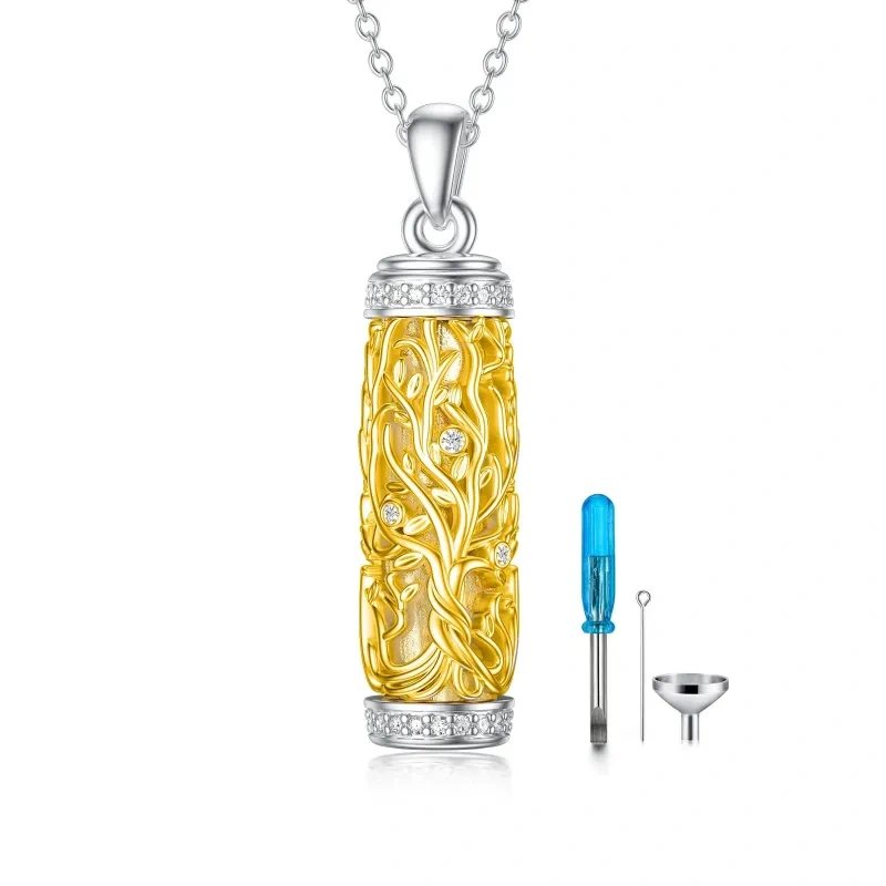 Sterling Silver Two-tone Cubic Zirconia Tree Of Life Urn Necklace for Ashes-5