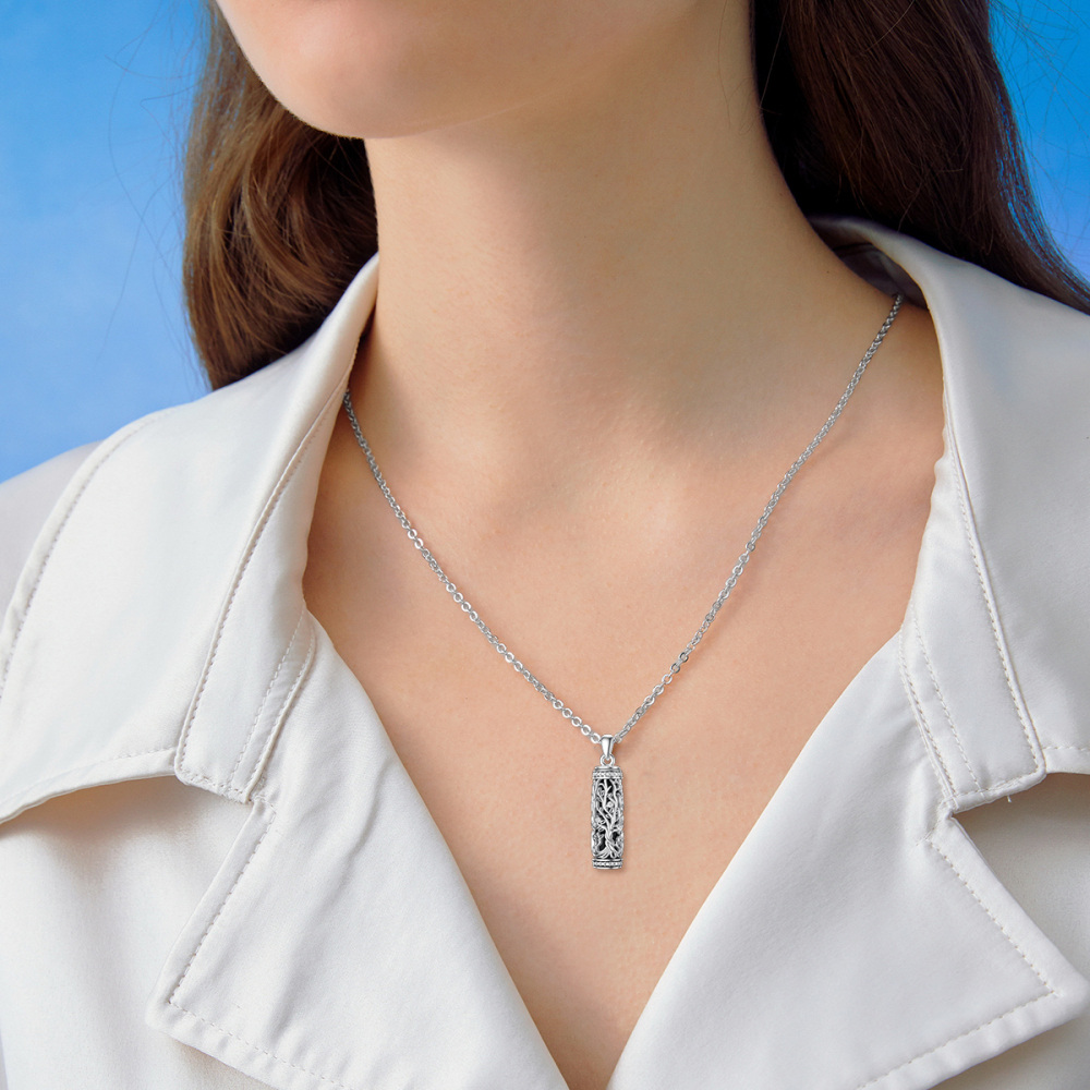 Sterling Silver Two-tone Cubic Zirconia Tree Of Life Urn Necklace for Ashes-2