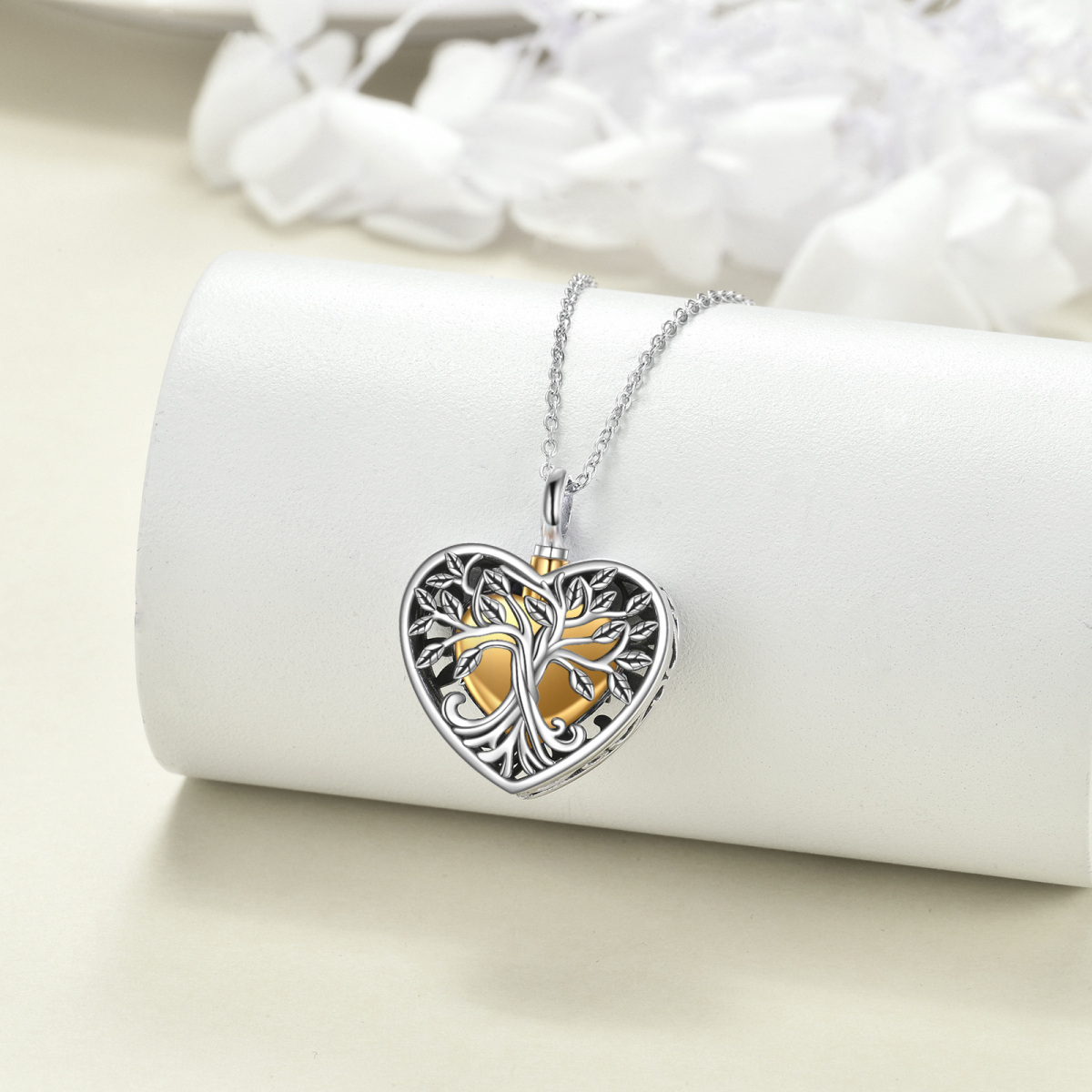 Sterling Silver Two-tone Tree Of Life Urn Necklace for Ashes-3