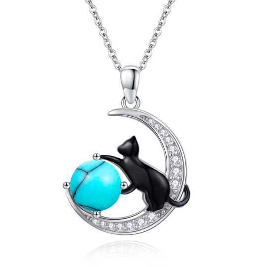 Sterling Silver Two-tone Turquoise Black Cat and Moon Pendant Necklace