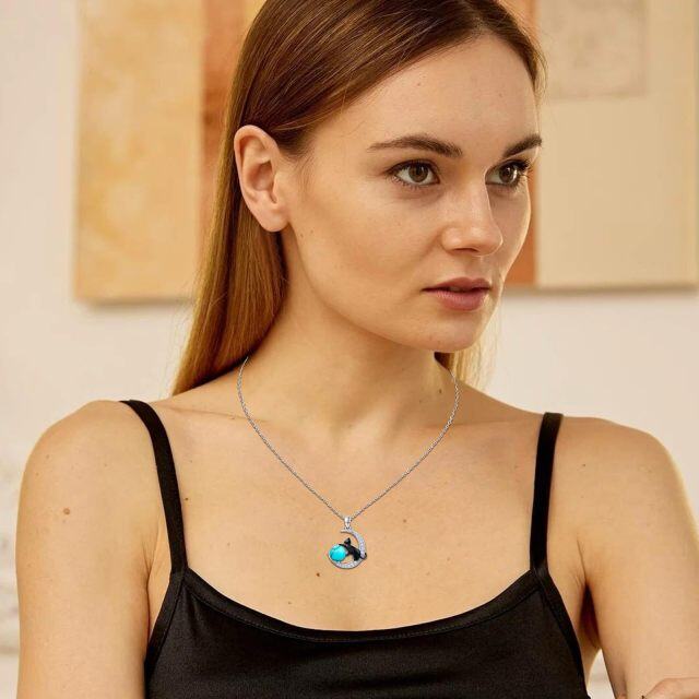 Sterling Silver Two-tone Turquoise Black Cat and Moon Pendant Necklace-2