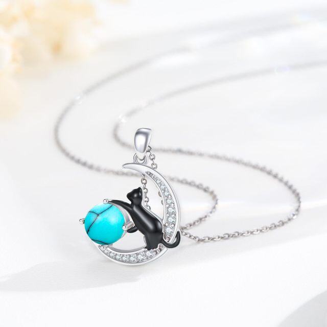 Sterling Silver Two-tone Turquoise Black Cat and Moon Pendant Necklace-4