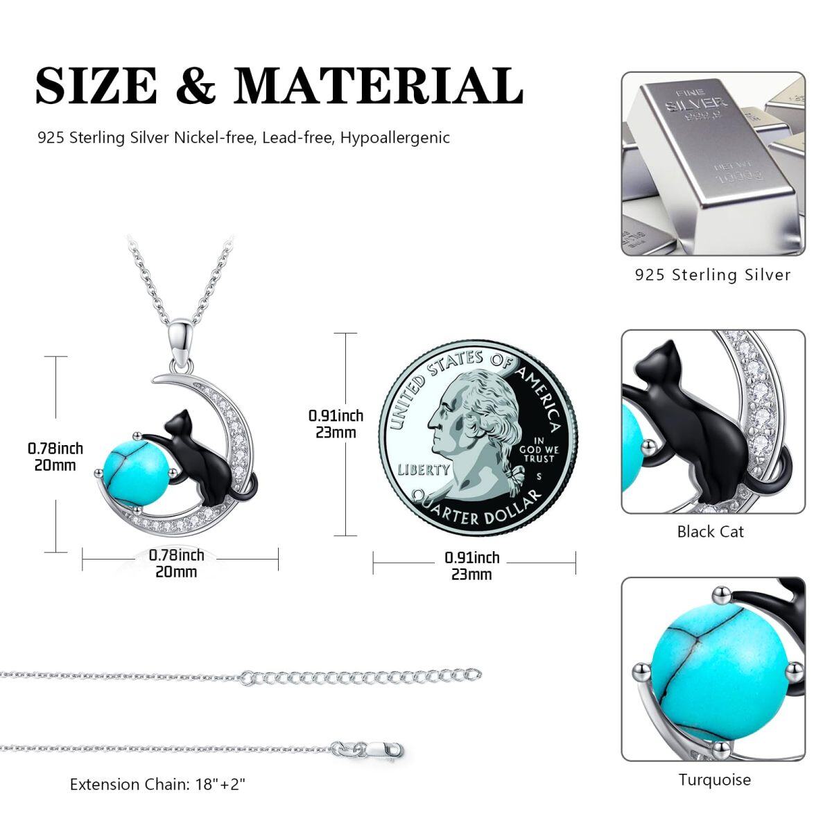 Sterling Silver Two-tone Turquoise Black Cat and Moon Pendant Necklace-5