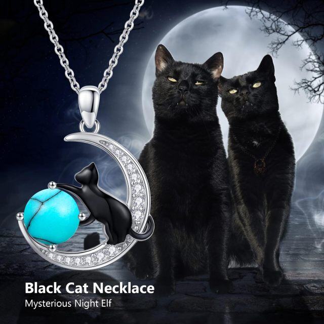 Sterling Silver Two-tone Turquoise Black Cat and Moon Pendant Necklace-6