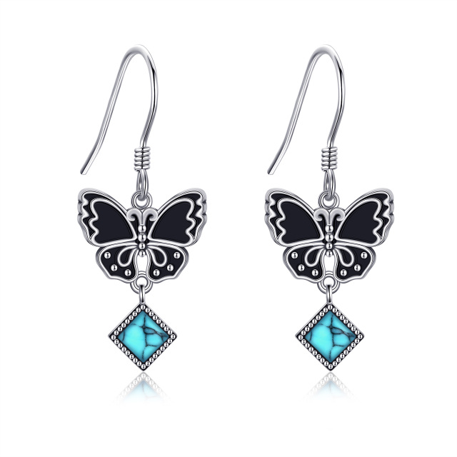 Sterling Silver Two-tone Turquoise Butterfly Drop Earrings-5