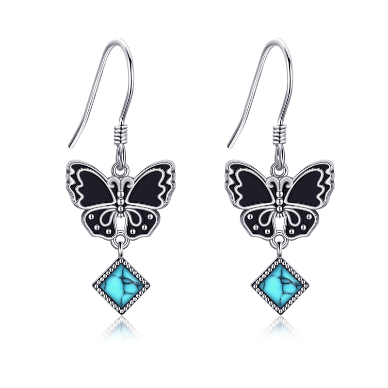 Sterling Silver Two-tone Turquoise Butterfly Drop Earrings-10