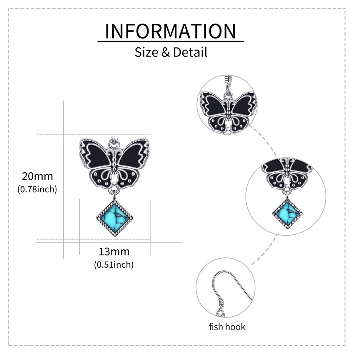 Sterling Silver Two-tone Turquoise Butterfly Drop Earrings-3