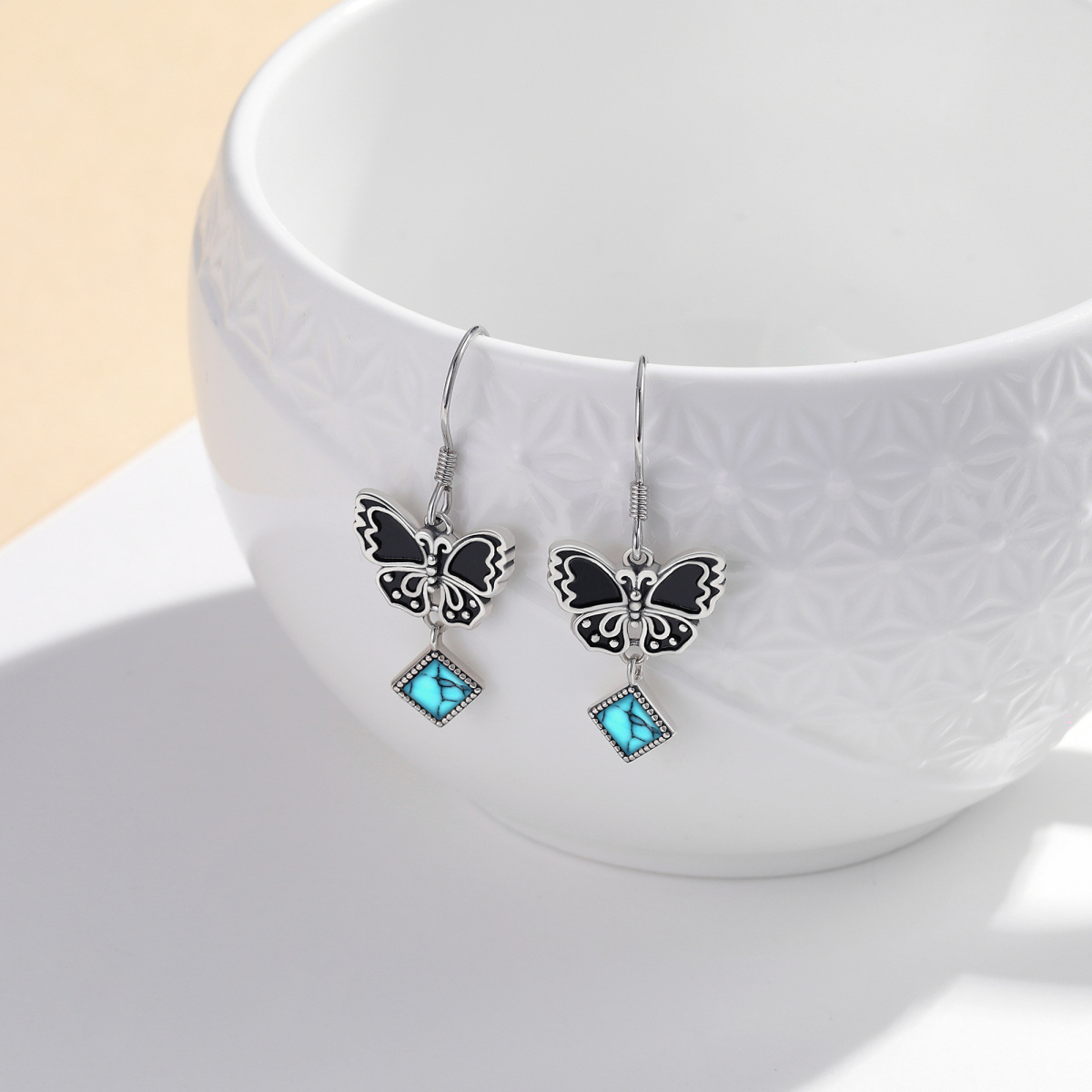 Sterling Silver Two-tone Turquoise Butterfly Drop Earrings-4