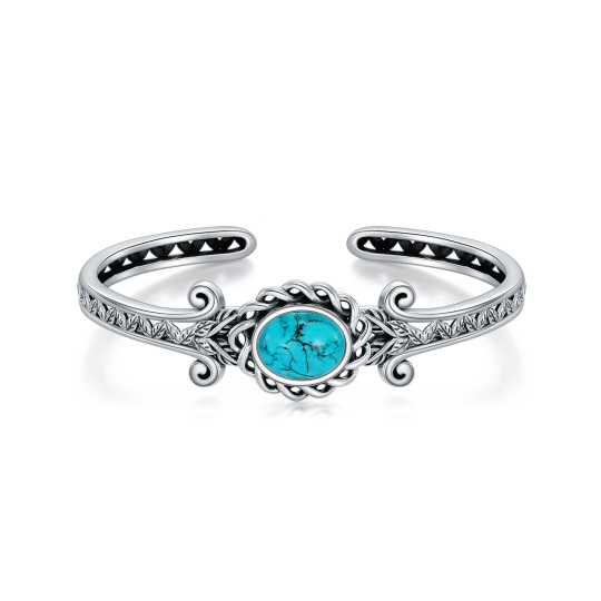 Sterling Silver Two-tone Turquoise Leaves Engraved Bangle Bracelet