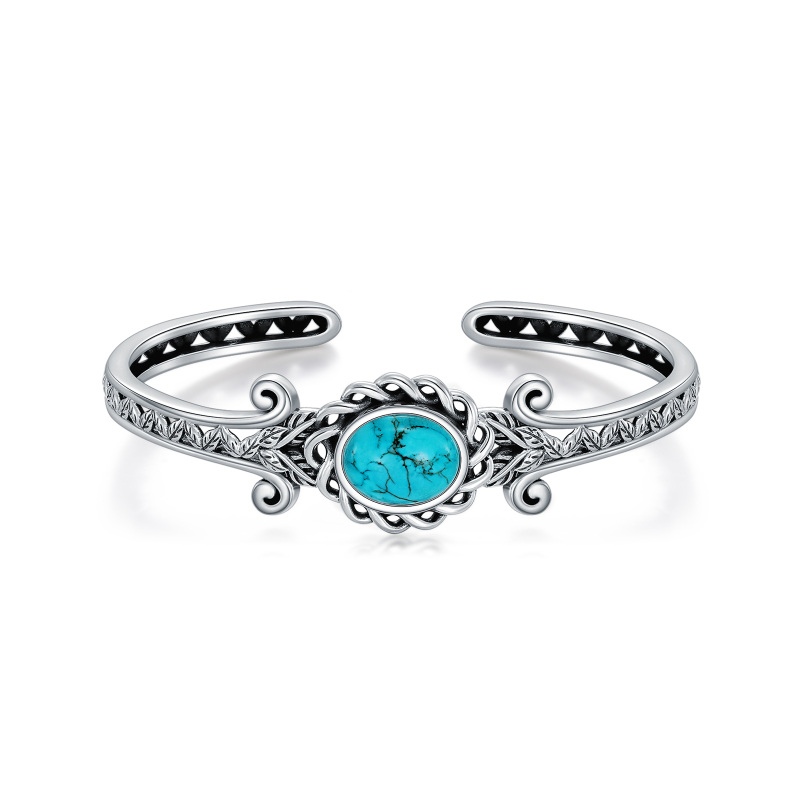 Sterling Silver Two-tone Turquoise Leaves Engraved Bangle Bracelet-6