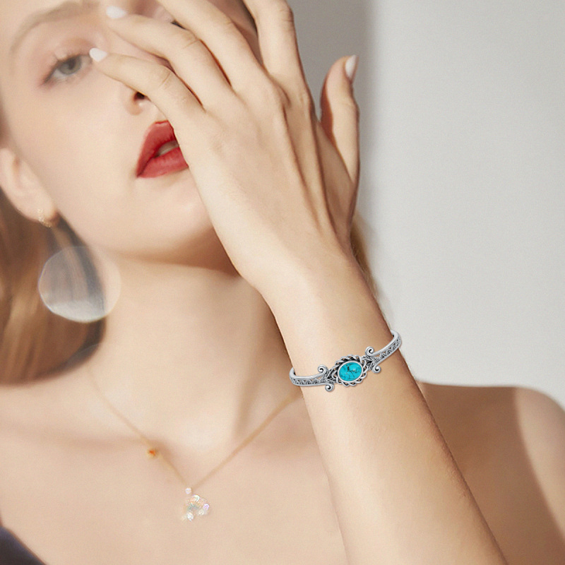 سوار من الفضة الإسترلينية بلونين منقوش بأوراق فيروزية-2